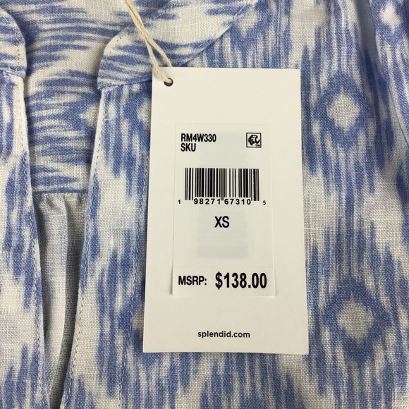 Splendid Women XS Blue White Ikat Pattern Linen St Tropez Blouse Top NWT - Picture 5 of 9